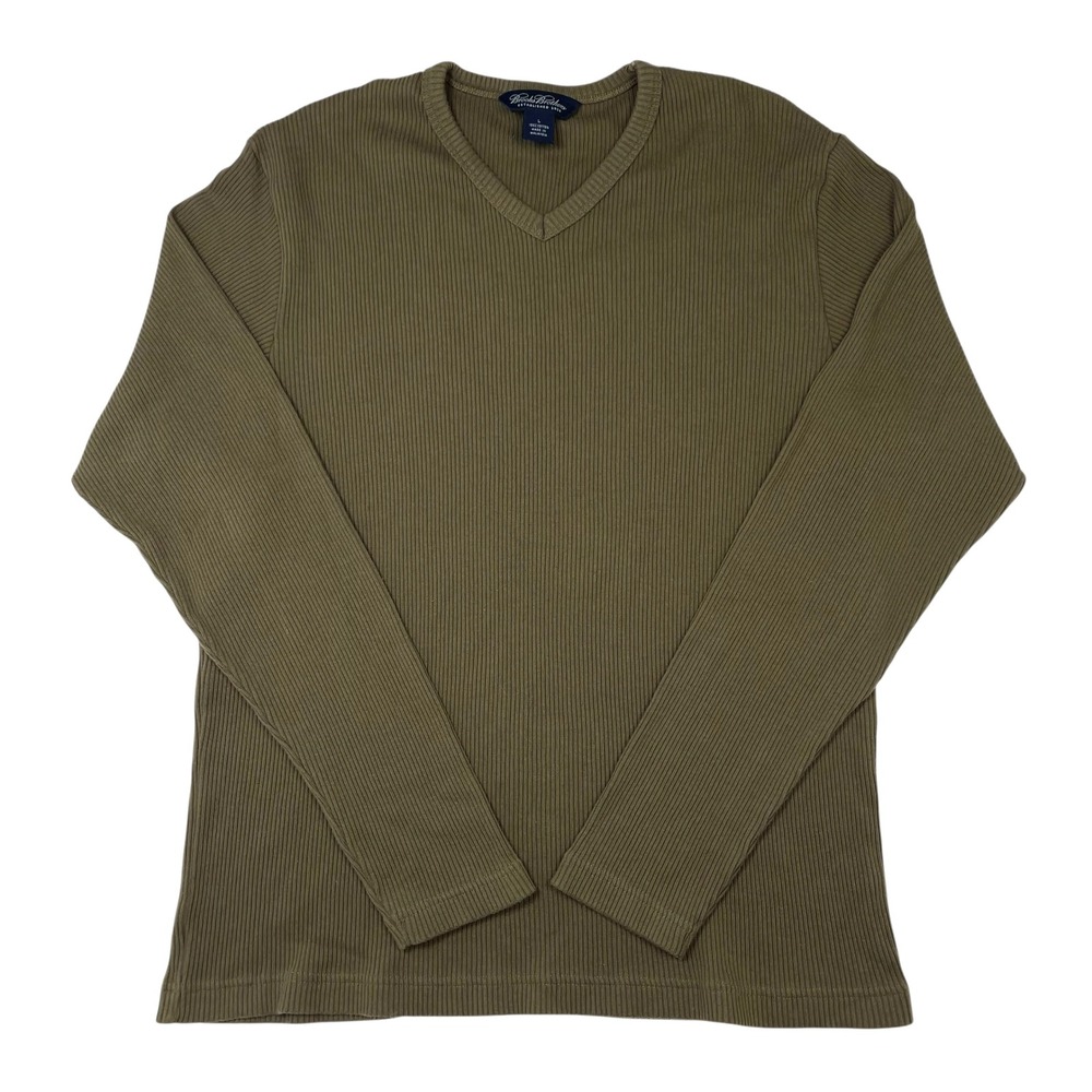 Brooks Brothers Mens Ribbed V-Neck Sweater Slim Fit Olive Green Sz L 100% Cotton